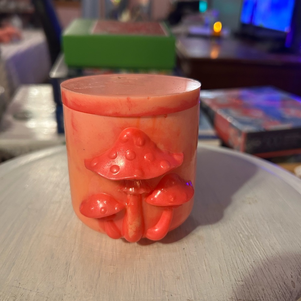 Handmade Mushroom Candle Jar in Vibrant Coral